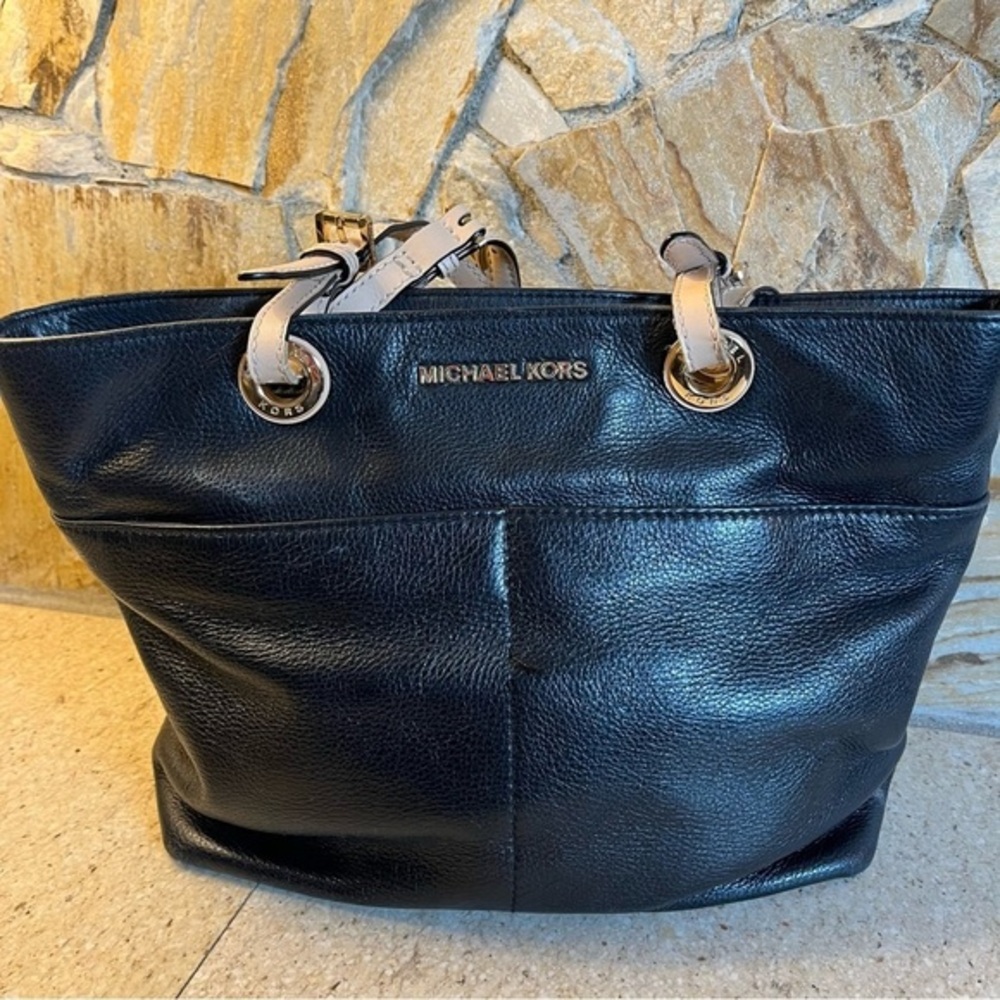 Michael Kors Black Leather Tote Bag Gold Hardware Designer Work Purse